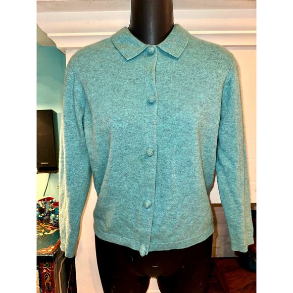 VINTAGE BRAEMAR SCOTLAND AQUA HEATHER 100% CASHMERE CARDIGAN SWEATER SO SOFT! - Picture 1 of 7